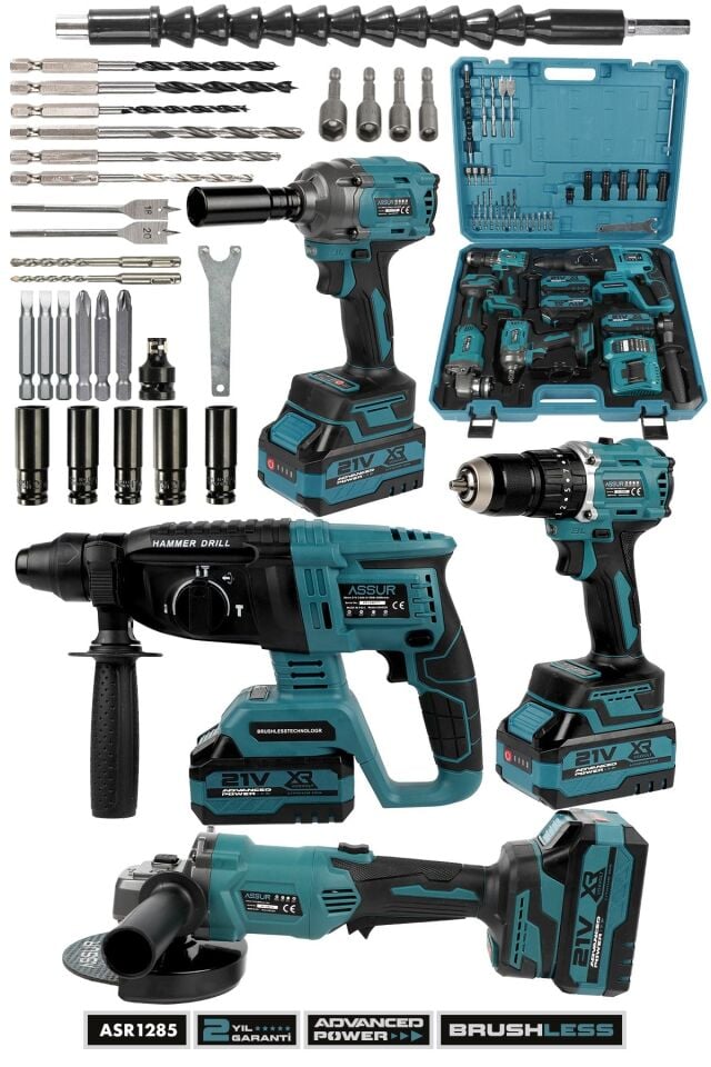 Assur asr-1011 Profesyonel 21V Akülü Matkap & Taşlama & Kırıcı Delici Hilti & Somun Sıkma Sökme 4'lü Set