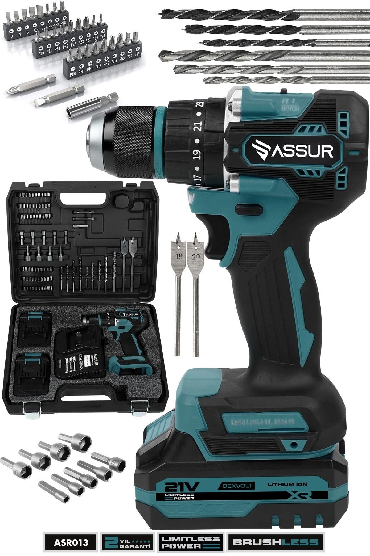 Assur asr013 Plus 21V Şarjlı Matkap Bakır Sargı Kömürsüz Motor Çelik Mandren Darbeli Akülü Vidalama