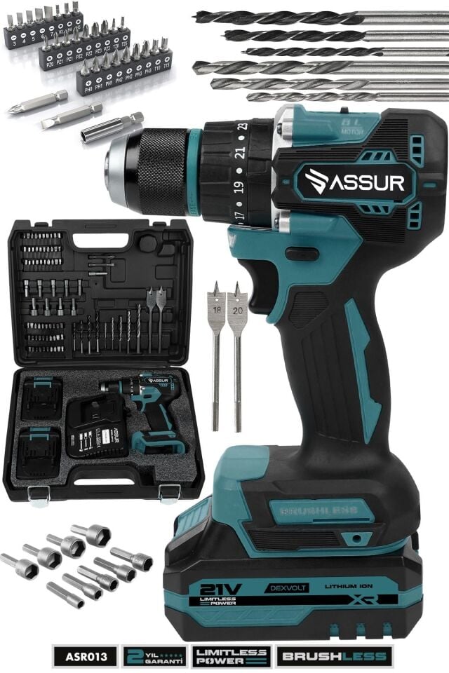 Assur asr013 Plus 21V Şarjlı Matkap Bakır Sargı Kömürsüz Motor Çelik Mandren Darbeli Akülü Vidalama