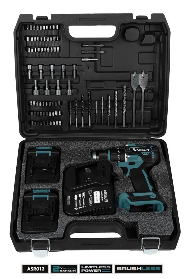 Assur asr013 Plus 21V Şarjlı Matkap Bakır Sargı Kömürsüz Motor Çelik Mandren Darbeli Akülü Vidalama