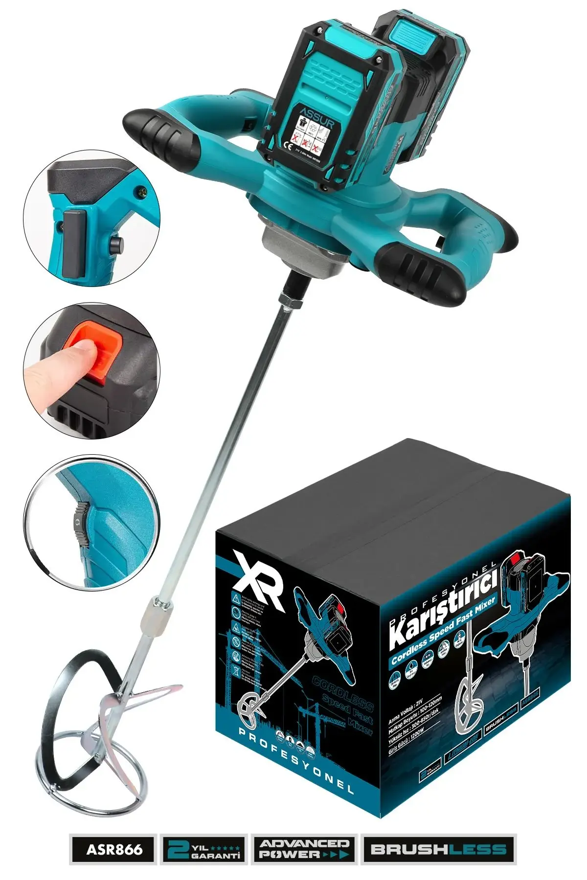 Assur asr866 21V 1200W Çift Akülü Kablosuz Karıştırıcı Mikser Şarjlı Harç, Boya ve Alçı Karıştırma Makinesi