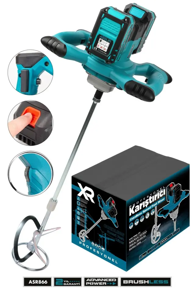Assur asr866 21V 1200W Çift Akülü Kablosuz Karıştırıcı Mikser Şarjlı Harç, Boya ve Alçı Karıştırma Makinesi