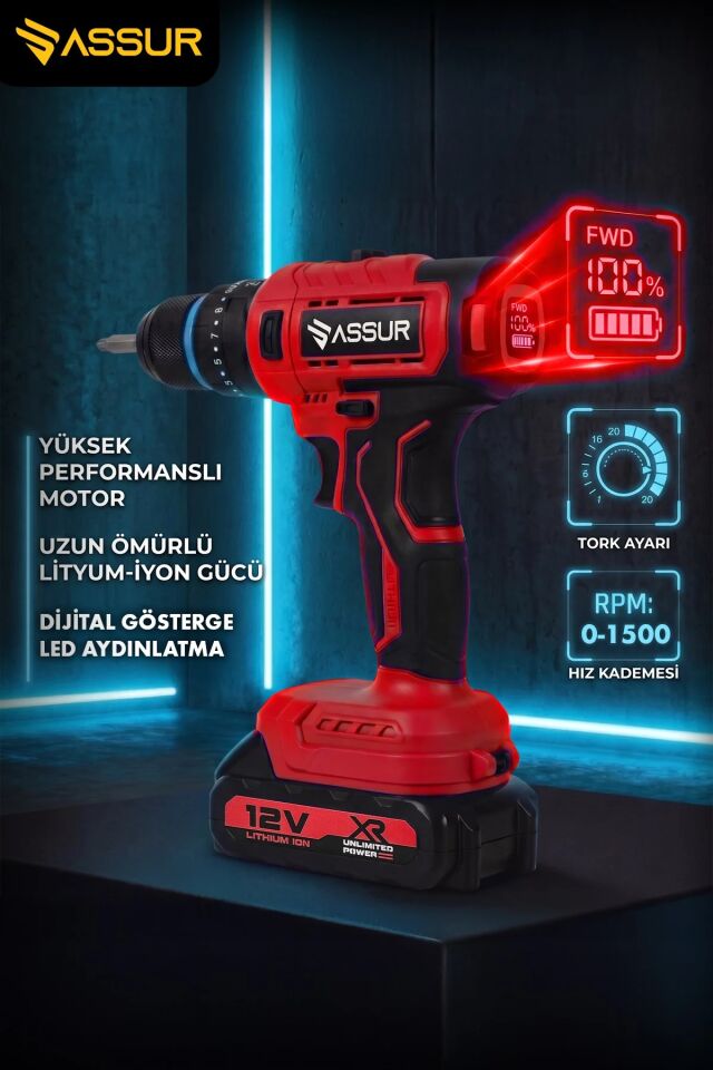 ASSUR ASR277 PLASTİK MANDREN ŞARJLI MATKAP DARBELİ DİJİTAL GÖZTERGELİ KIRMIZI
