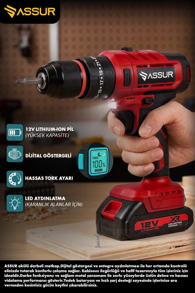 ASSUR ASR277 PLASTİK MANDREN ŞARJLI MATKAP DARBELİ DİJİTAL GÖZTERGELİ KIRMIZI