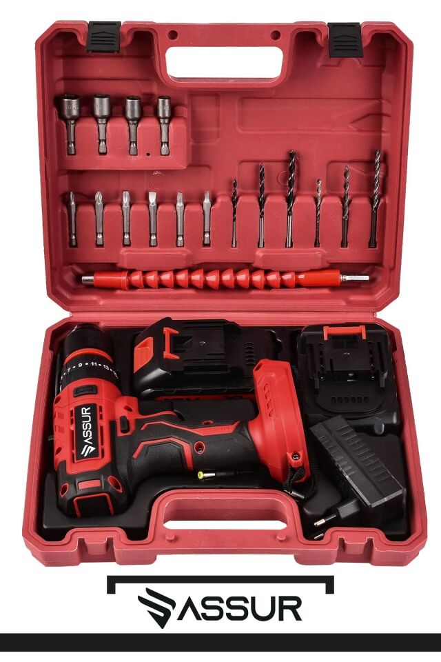 ASSUR ASR277 PLASTİK MANDREN ŞARJLI MATKAP DARBELİ DİJİTAL GÖZTERGELİ KIRMIZI