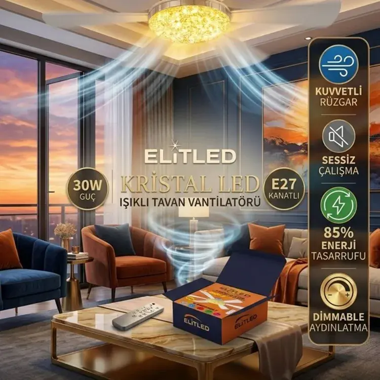 ELİTLED LED 6 KANATLI TAVAN VANTİLATÖR PERVANE AMPUL KUMANDALI 30W